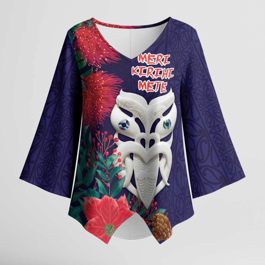 Maori Wheku Meri Kirihimete Personalised Kimono Sleeve Blouse All Blue Indigenous Maori Motif - Aussie Hoodie