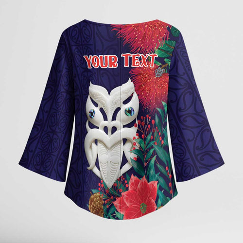 Maori Wheku Meri Kirihimete Personalised Kimono Sleeve Blouse All Blue Indigenous Maori Motif - Aussie Hoodie
