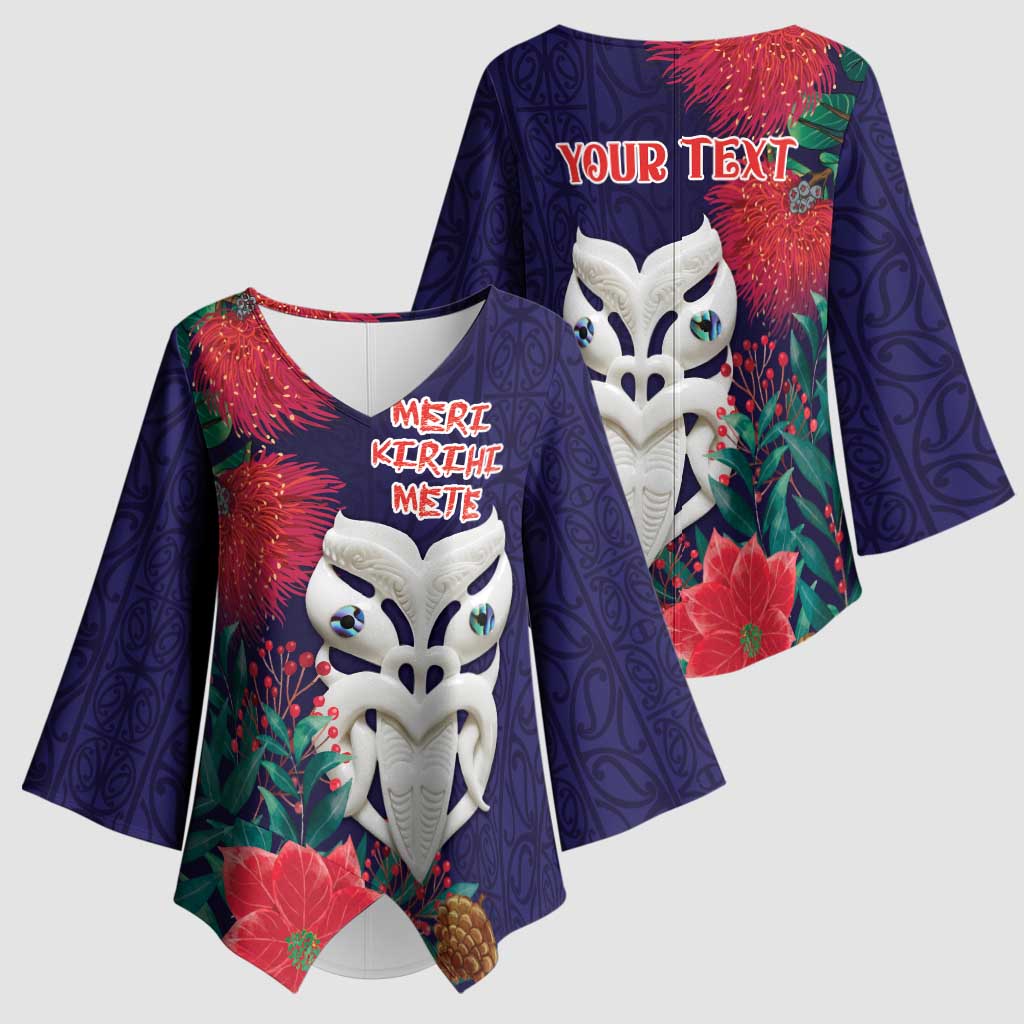 Maori Wheku Meri Kirihimete Personalised Kimono Sleeve Blouse All Blue Indigenous Maori Motif - Aussie Hoodie