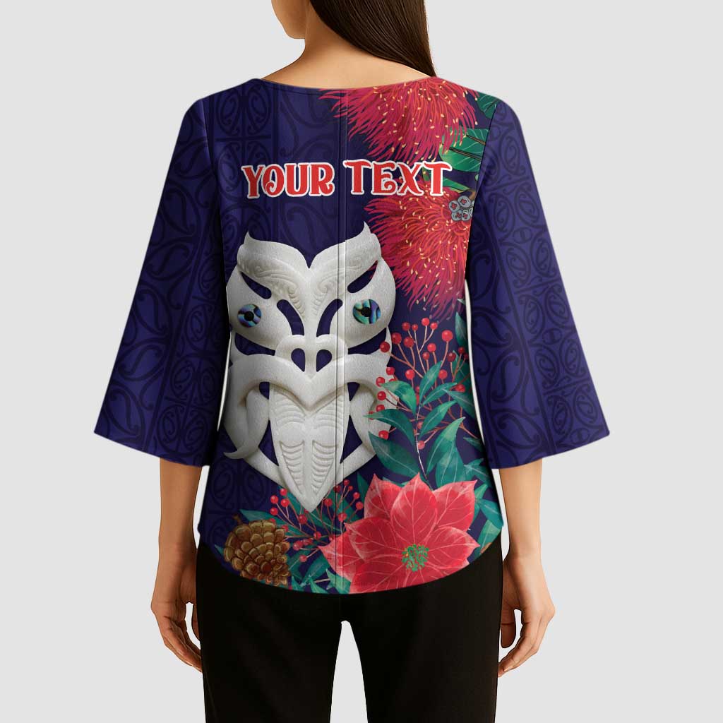 Maori Wheku Meri Kirihimete Personalised Kimono Sleeve Blouse All Blue Indigenous Maori Motif - Aussie Hoodie