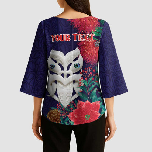 Maori Wheku Meri Kirihimete Personalised Kimono Sleeve Blouse All Blue Indigenous Maori Motif - Aussie Hoodie