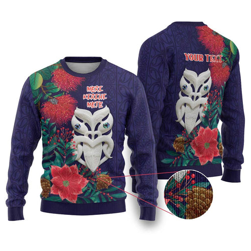 Maori Wheku Meri Kirihimete Personalised Ugly Christmas Sweater All Blue Indigenous Maori Motif - Aussie Hoodie