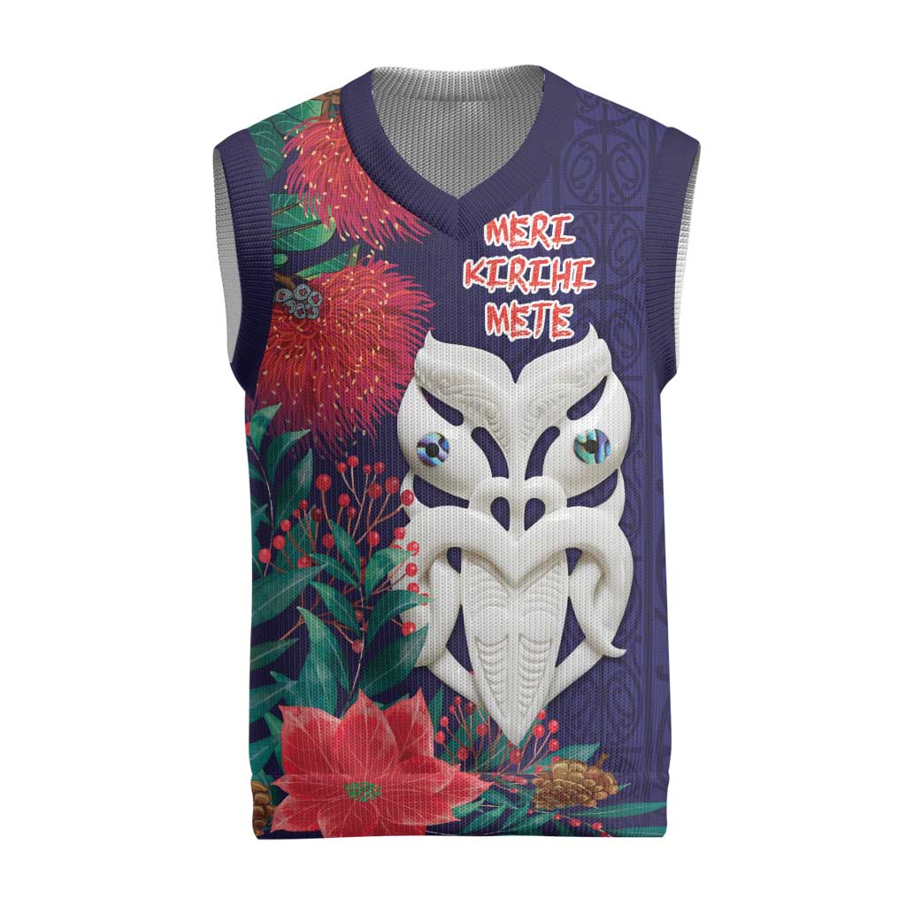 Maori Wheku Meri Kirihimete Personalised Christmas Knitted V-Neck Vest All Blue Indigenous Maori Motif - Aussie Hoodie