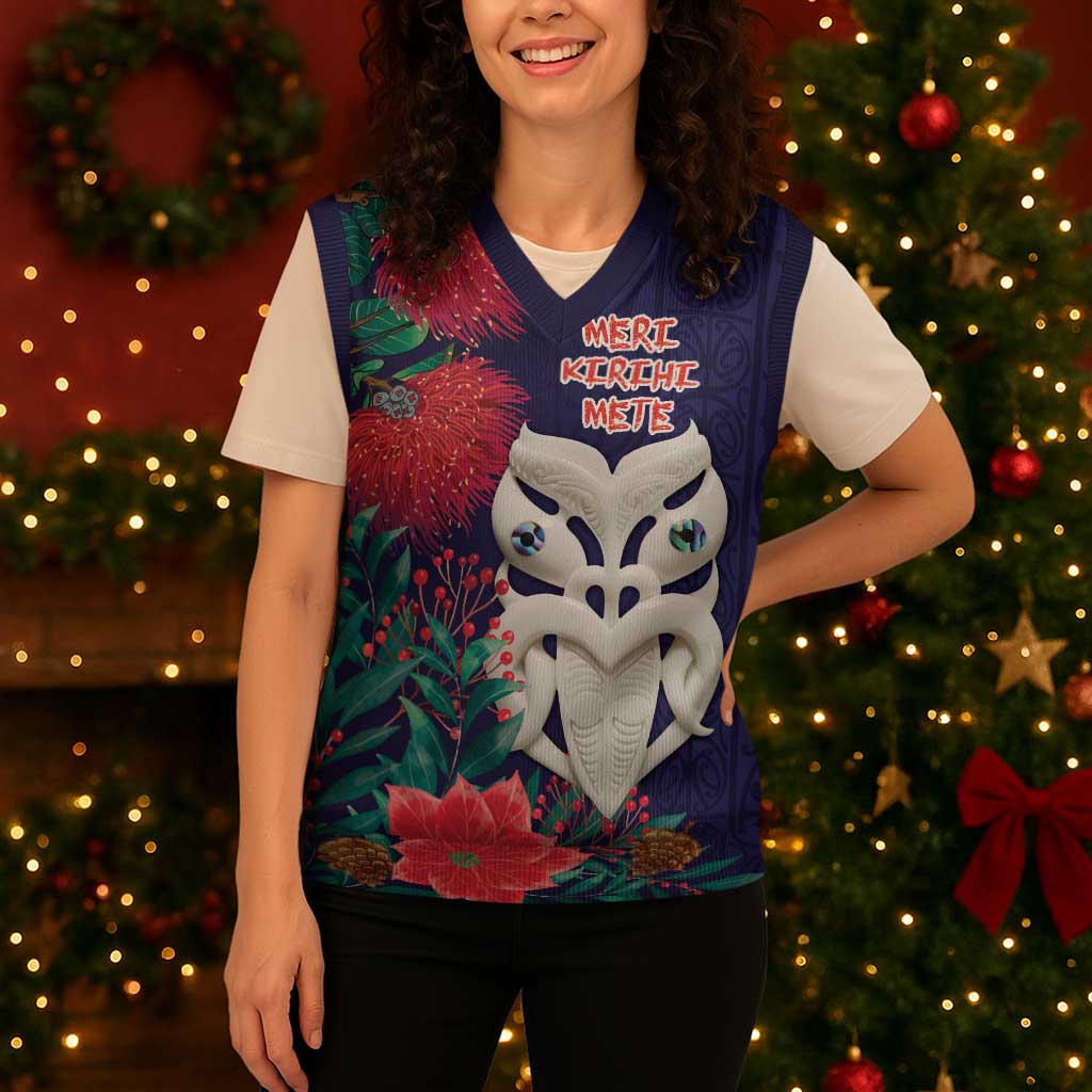 Maori Wheku Meri Kirihimete Personalised Christmas Knitted V-Neck Vest All Blue Indigenous Maori Motif - Aussie Hoodie