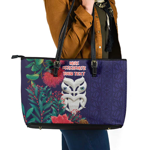 Maori Wheku Meri Kirihimete Personalised Leather Tote Bag All Blue Indigenous Maori Motif - Aussie Hoodie