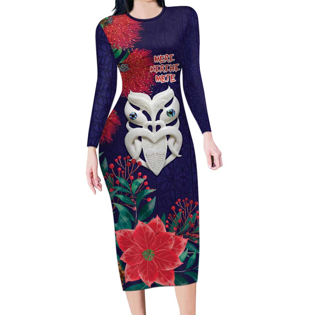 Maori Wheku Meri Kirihimete Personalised Long Sleeve Bodycon Dress All Blue Indigenous Maori Motif - Aussie Hoodie