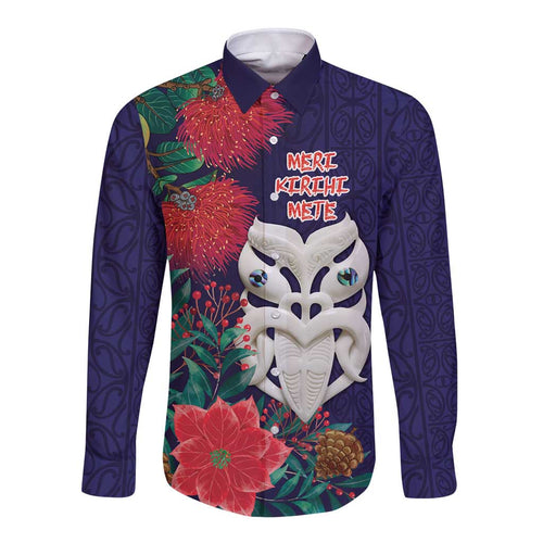 Maori Wheku Meri Kirihimete Personalised Long Sleeve Button Shirt All Blue Indigenous Maori Motif - Aussie Hoodie