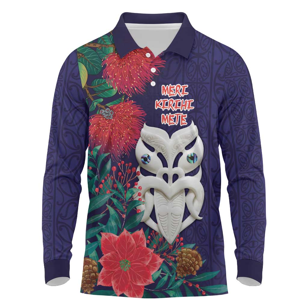 Maori Wheku Meri Kirihimete Personalised Long Sleeve Polo Shirt All Blue Indigenous Maori Motif - Aussie Hoodie