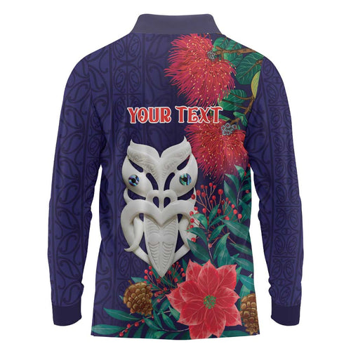 Maori Wheku Meri Kirihimete Personalised Long Sleeve Polo Shirt All Blue Indigenous Maori Motif - Aussie Hoodie