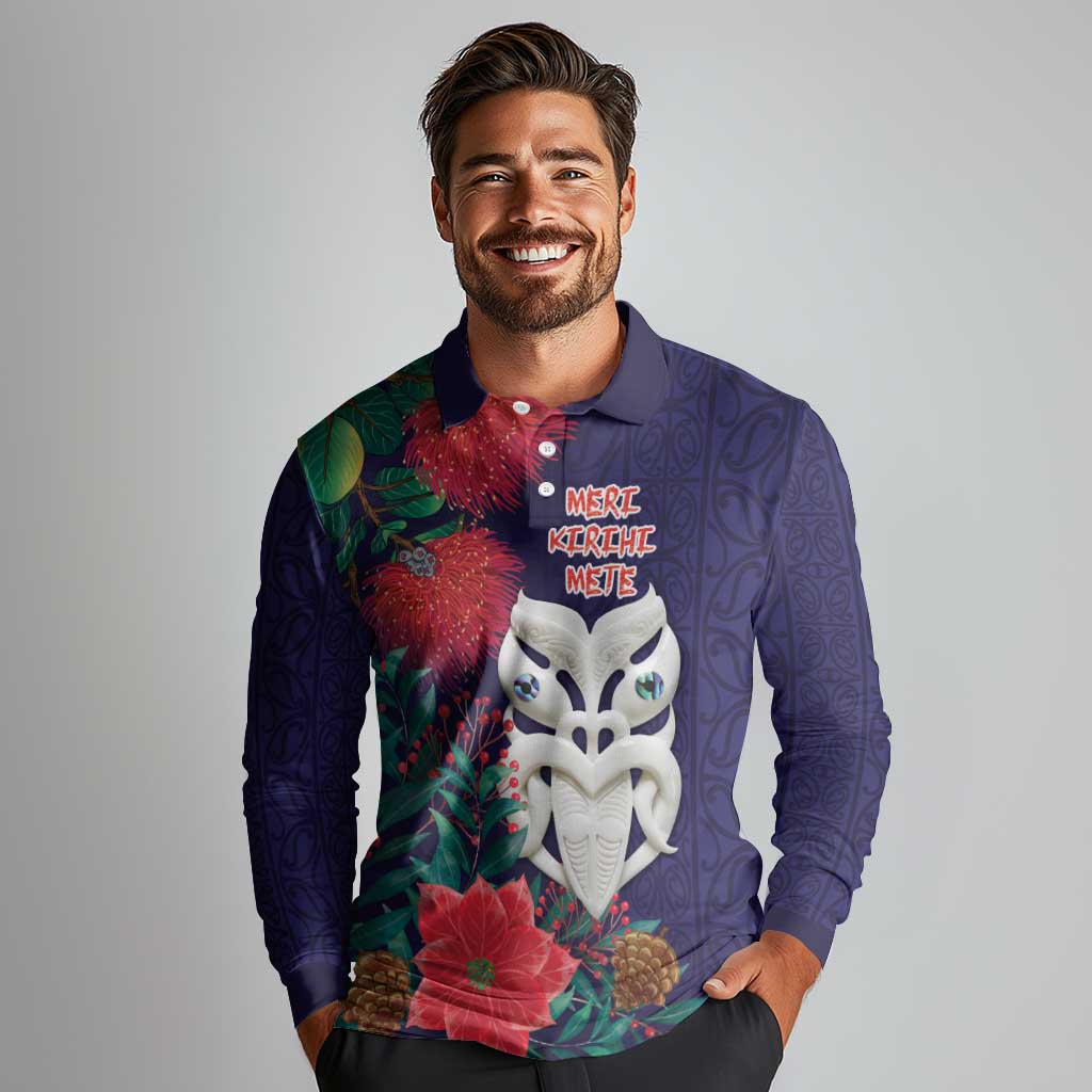 Maori Wheku Meri Kirihimete Personalised Long Sleeve Polo Shirt All Blue Indigenous Maori Motif - Aussie Hoodie