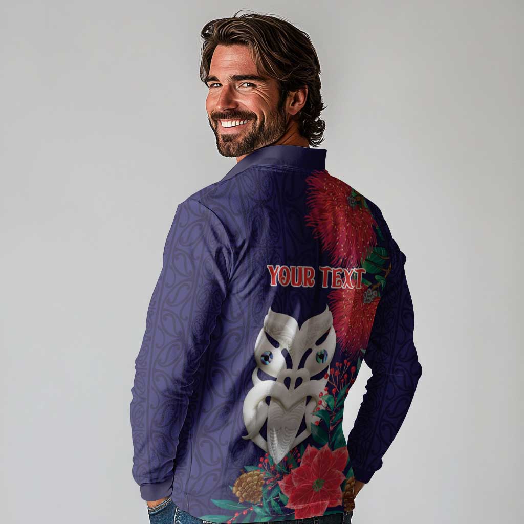 Maori Wheku Meri Kirihimete Personalised Long Sleeve Polo Shirt All Blue Indigenous Maori Motif - Aussie Hoodie