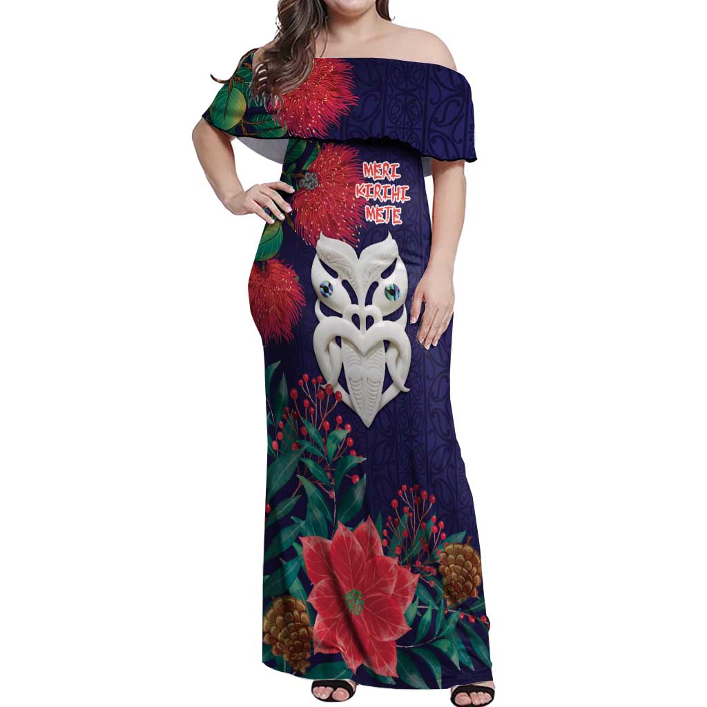 Maori Wheku Meri Kirihimete Personalised Off Shoulder Maxi Dress All Blue Indigenous Maori Motif - Aussie Hoodie