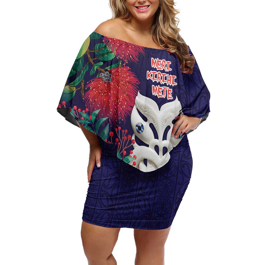 Maori Wheku Meri Kirihimete Personalised Off Shoulder Short Dress All Blue Indigenous Maori Motif - Aussie Hoodie