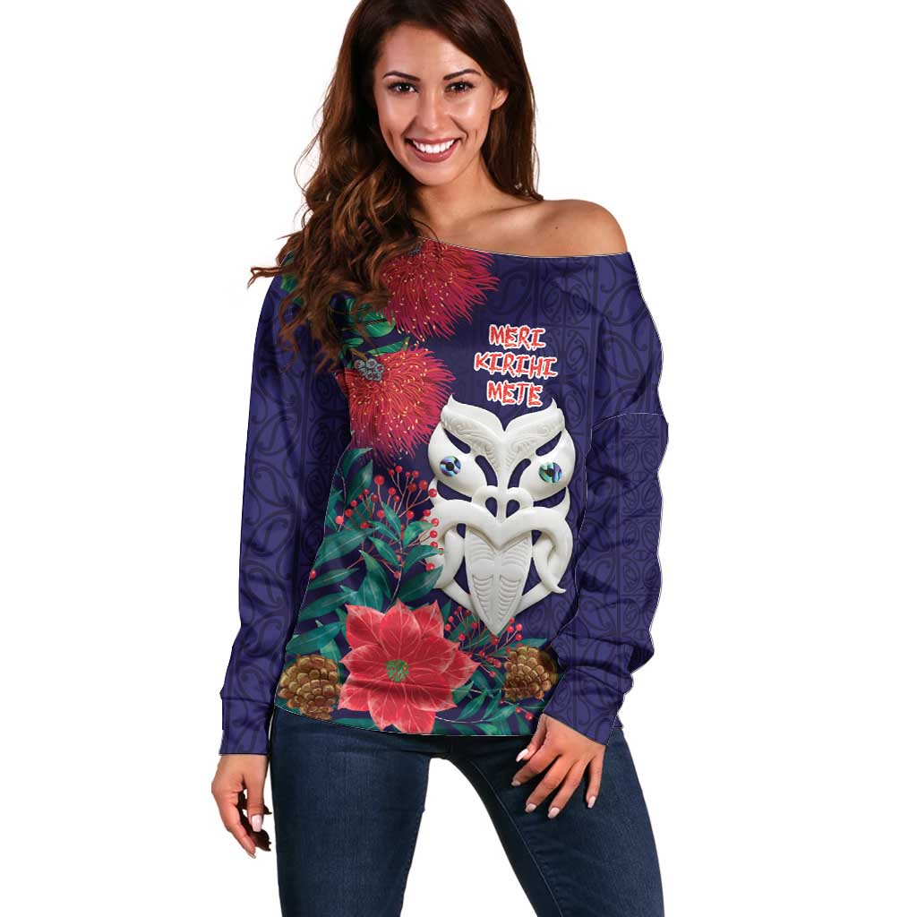 Maori Wheku Meri Kirihimete Personalised Off Shoulder Sweater All Blue Indigenous Maori Motif - Aussie Hoodie