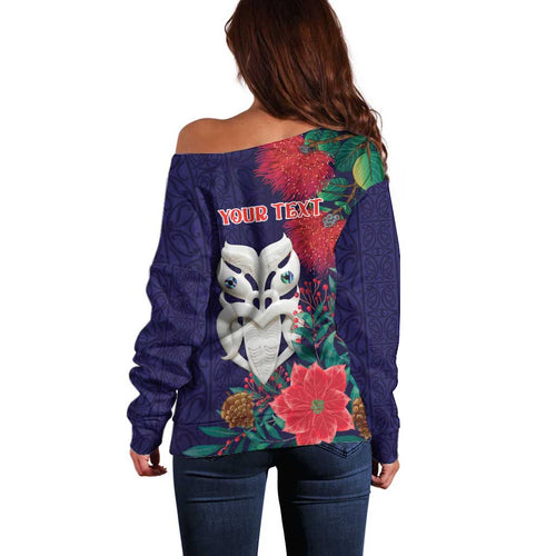 Maori Wheku Meri Kirihimete Personalised Off Shoulder Sweater All Blue Indigenous Maori Motif - Aussie Hoodie
