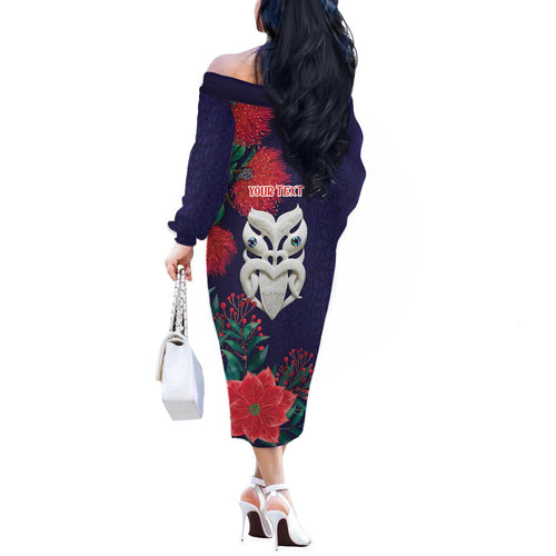 Maori Wheku Meri Kirihimete Personalised Off The Shoulder Long Sleeve Dress All Blue Indigenous Maori Motif - Aussie Hoodie
