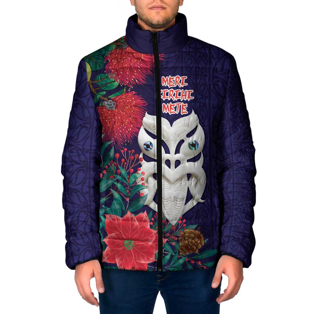 Maori Wheku Meri Kirihimete Personalised Padded Jacket All Blue Indigenous Maori Motif - Aussie Hoodie