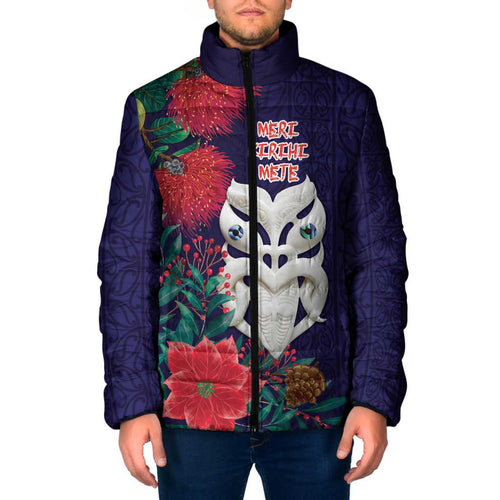 Maori Wheku Meri Kirihimete Personalised Padded Jacket All Blue Indigenous Maori Motif - Aussie Hoodie