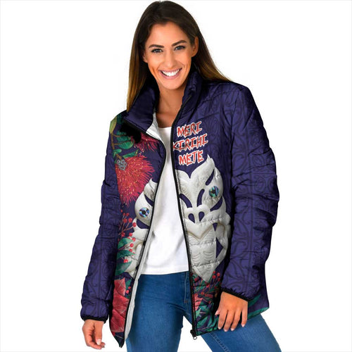 Maori Wheku Meri Kirihimete Personalised Padded Jacket All Blue Indigenous Maori Motif - Aussie Hoodie