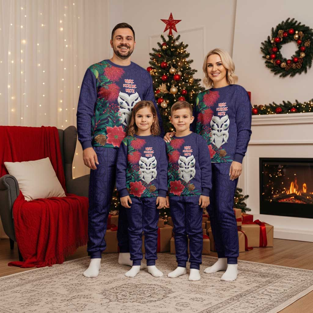 Maori Wheku Meri Kirihimete Personalised Christmas Pajama Set All Blue Indigenous Maori Motif - Aussie Hoodie