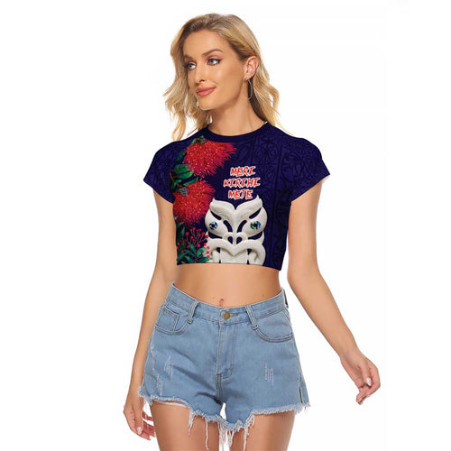 Maori Wheku Meri Kirihimete Personalised Raglan Cropped T Shirt All Blue Indigenous Maori Motif - Aussie Hoodie