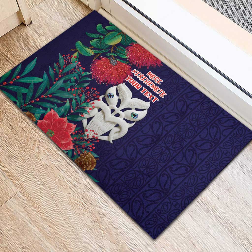 Maori Wheku Meri Kirihimete Personalised Rubber Doormat All Blue Indigenous Maori Motif - Aussie Hoodie