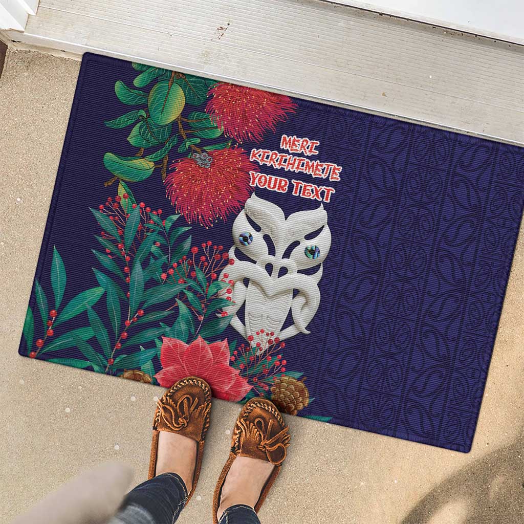 Maori Wheku Meri Kirihimete Personalised Rubber Doormat All Blue Indigenous Maori Motif - Aussie Hoodie