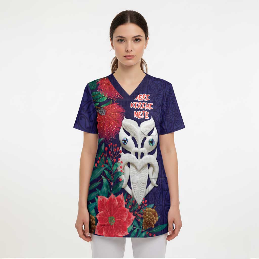 Maori Wheku Meri Kirihimete Personalised Scrub Top All Blue Indigenous Maori Motif - Aussie Hoodie
