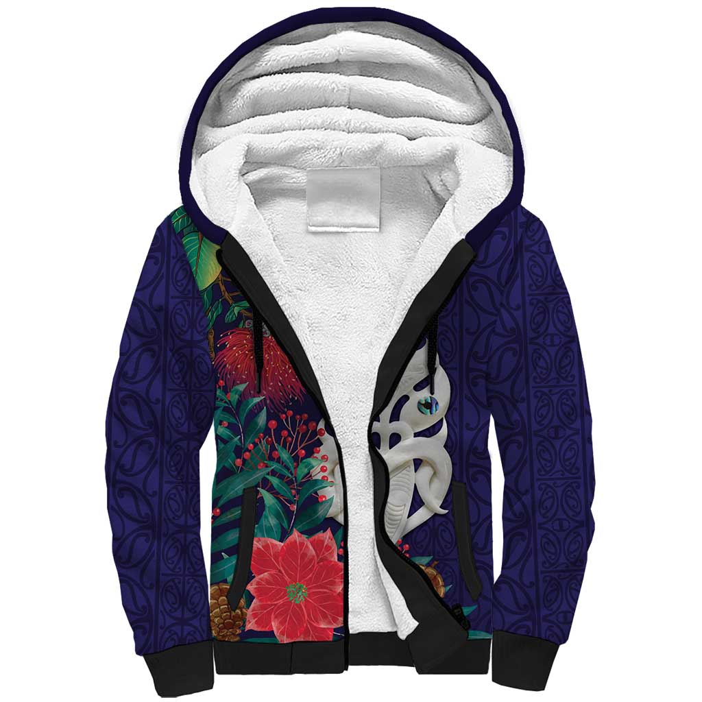Maori Wheku Meri Kirihimete Personalised Sherpa Hoodie All Blue Indigenous Maori Motif - Aussie Hoodie