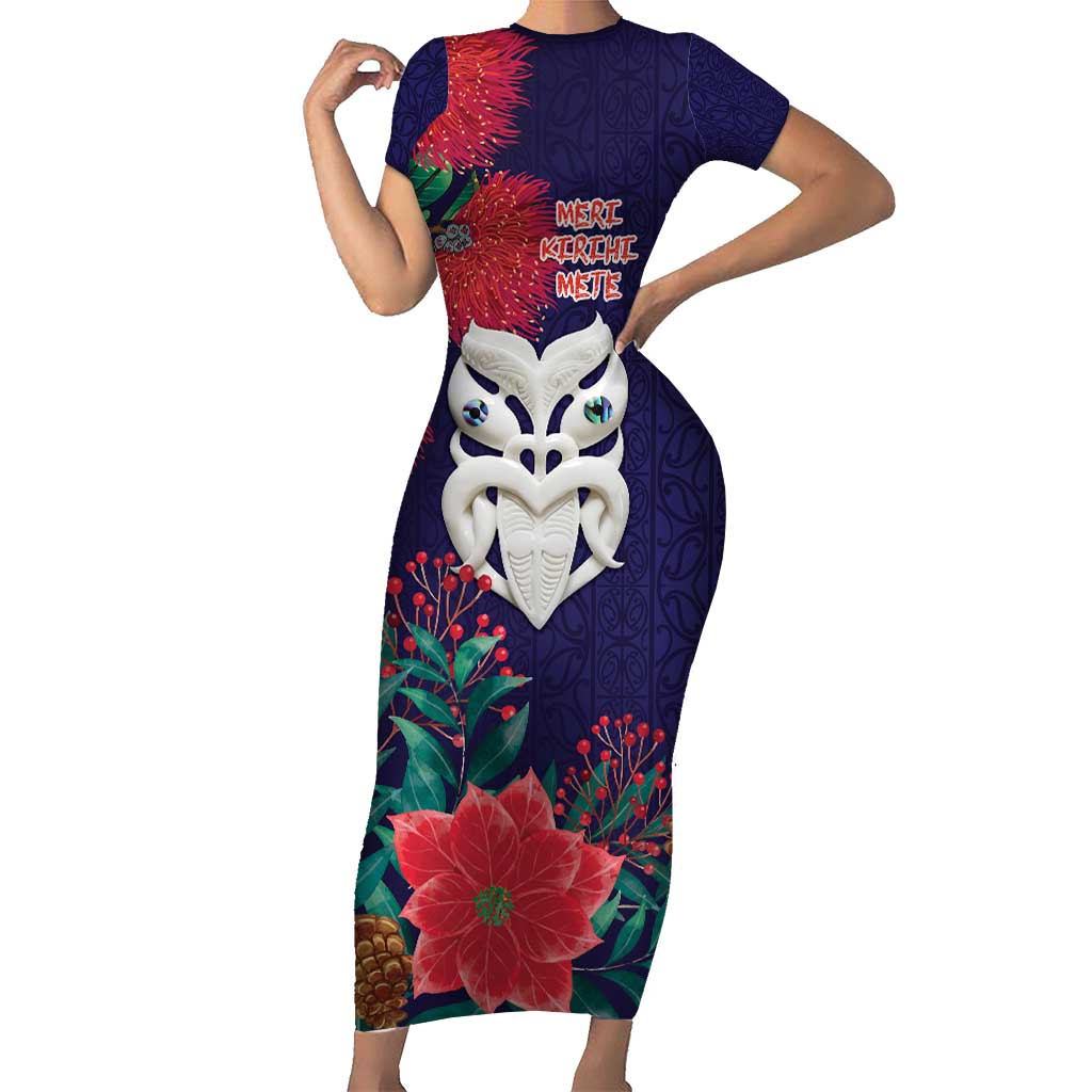 Maori Wheku Meri Kirihimete Personalised Short Sleeve Bodycon Dress All Blue Indigenous Maori Motif - Aussie Hoodie