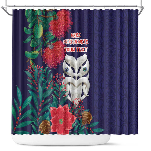 Maori Wheku Meri Kirihimete Personalised Shower Curtain All Blue Indigenous Maori Motif - Aussie Hoodie