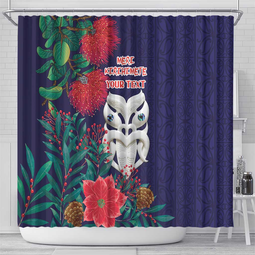 Maori Wheku Meri Kirihimete Personalised Shower Curtain All Blue Indigenous Maori Motif - Aussie Hoodie