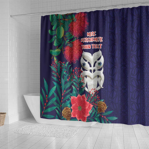 Maori Wheku Meri Kirihimete Personalised Shower Curtain All Blue Indigenous Maori Motif - Aussie Hoodie