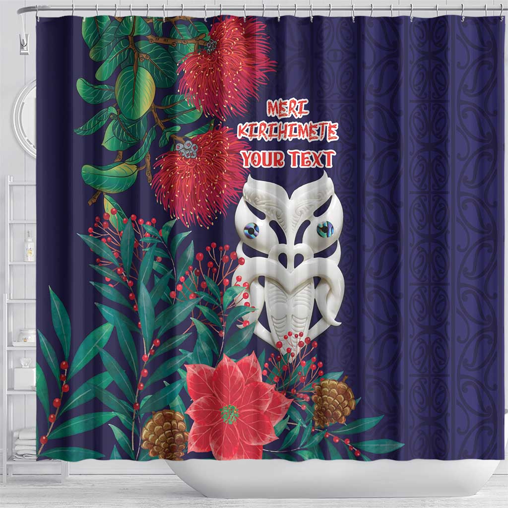Maori Wheku Meri Kirihimete Personalised Shower Curtain All Blue Indigenous Maori Motif - Aussie Hoodie