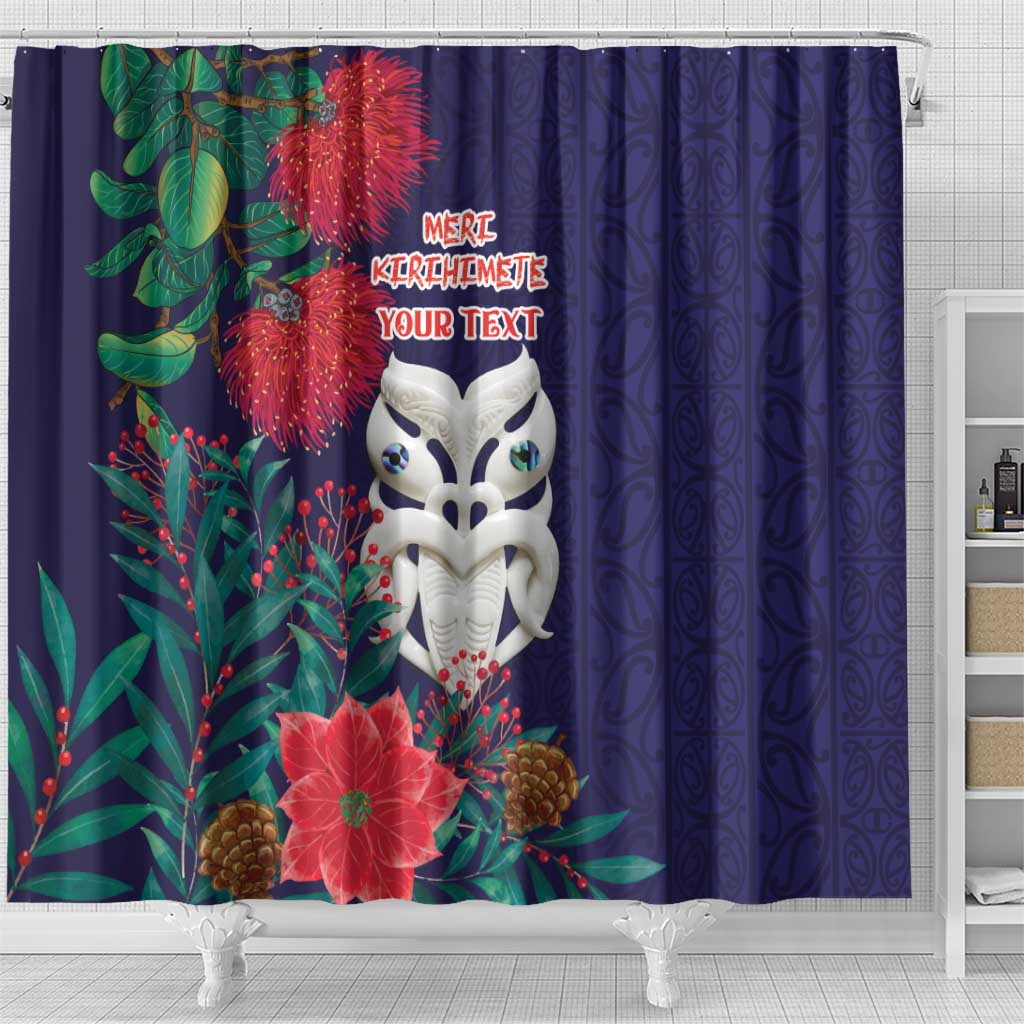 Maori Wheku Meri Kirihimete Personalised Shower Curtain All Blue Indigenous Maori Motif - Aussie Hoodie