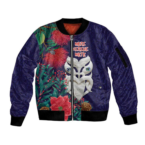 Maori Wheku Meri Kirihimete Personalised Sleeve Zip Bomber Jacket All Blue Indigenous Maori Motif - Aussie Hoodie