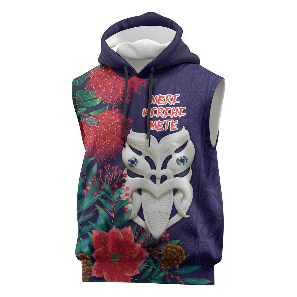 Maori Wheku Meri Kirihimete Personalised Sleeveless Hoodie All Blue Indigenous Maori Motif - Aussie Hoodie