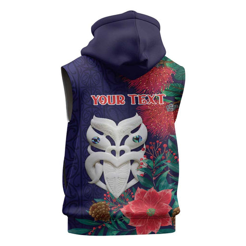 Maori Wheku Meri Kirihimete Personalised Sleeveless Hoodie All Blue Indigenous Maori Motif - Aussie Hoodie