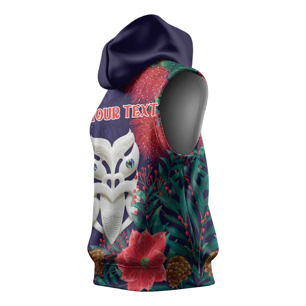 Maori Wheku Meri Kirihimete Personalised Sleeveless Hoodie All Blue Indigenous Maori Motif - Aussie Hoodie