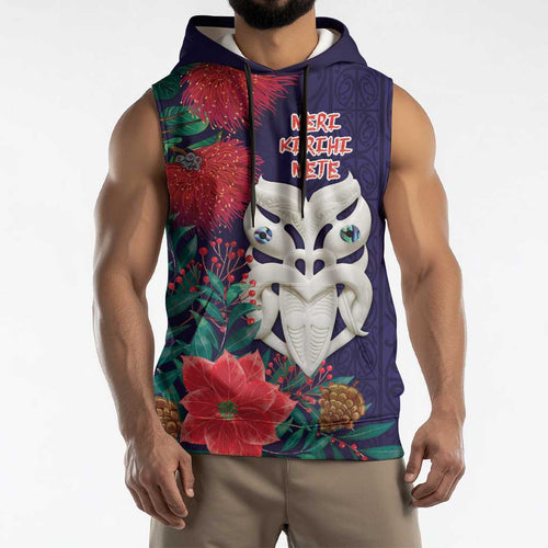 Maori Wheku Meri Kirihimete Personalised Sleeveless Hoodie All Blue Indigenous Maori Motif - Aussie Hoodie