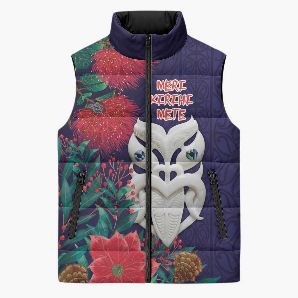 Maori Wheku Meri Kirihimete Personalised Sleeveless Puffer Jacket All Blue Indigenous Maori Motif - Aussie Hoodie