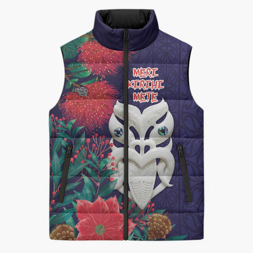 Maori Wheku Meri Kirihimete Personalised Sleeveless Puffer Jacket All Blue Indigenous Maori Motif - Aussie Hoodie