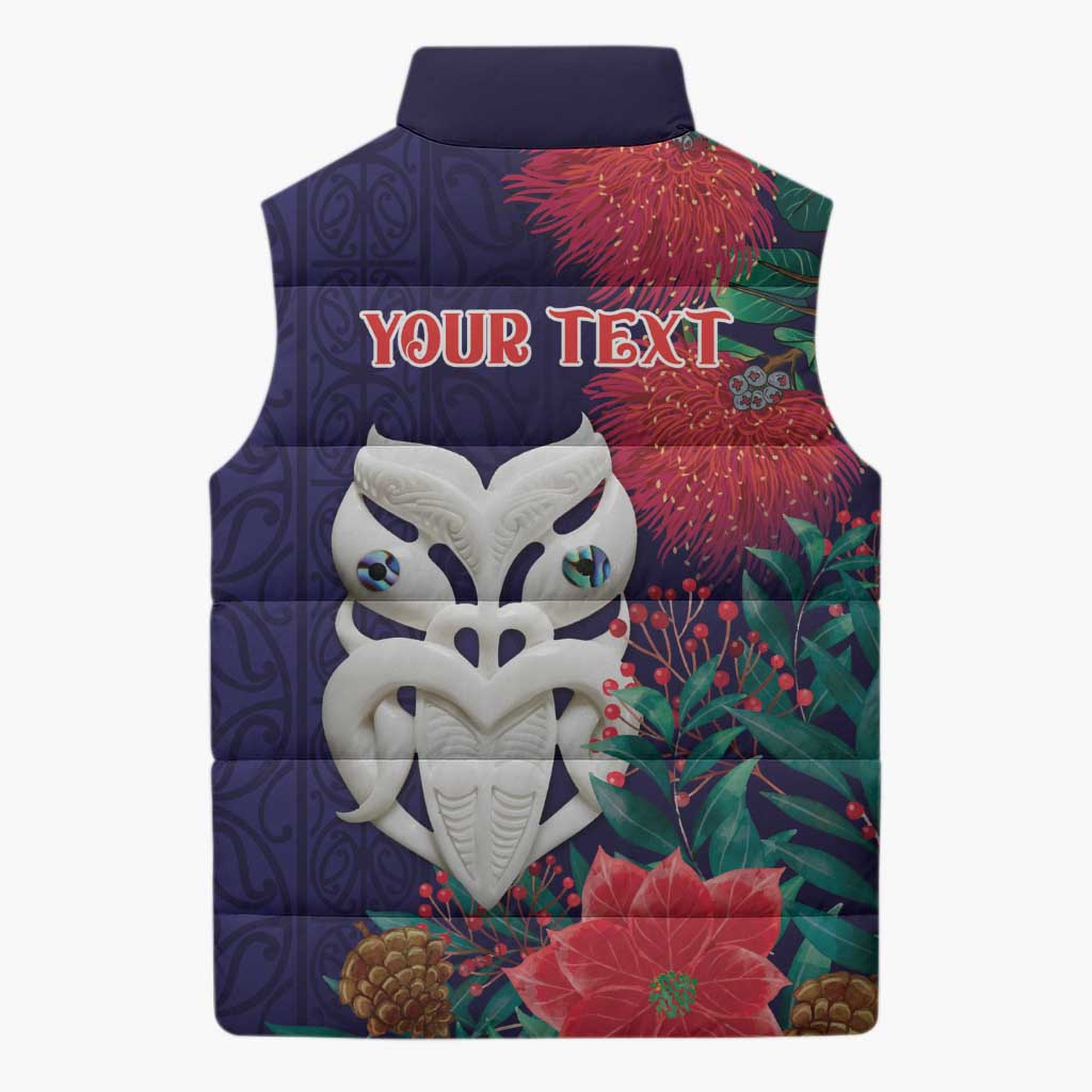 Maori Wheku Meri Kirihimete Personalised Sleeveless Puffer Jacket All Blue Indigenous Maori Motif - Aussie Hoodie