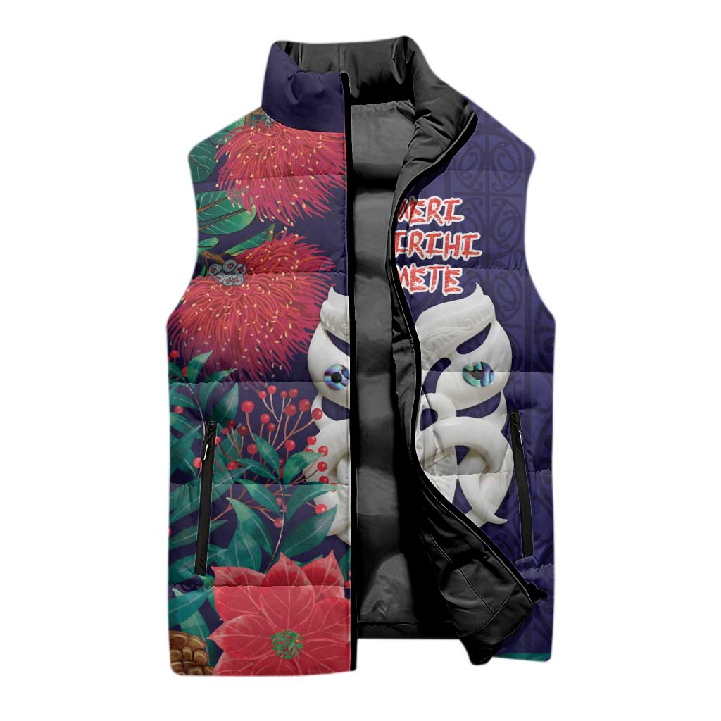 Maori Wheku Meri Kirihimete Personalised Sleeveless Puffer Jacket All Blue Indigenous Maori Motif - Aussie Hoodie