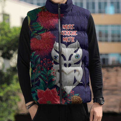 Maori Wheku Meri Kirihimete Personalised Sleeveless Puffer Jacket All Blue Indigenous Maori Motif - Aussie Hoodie
