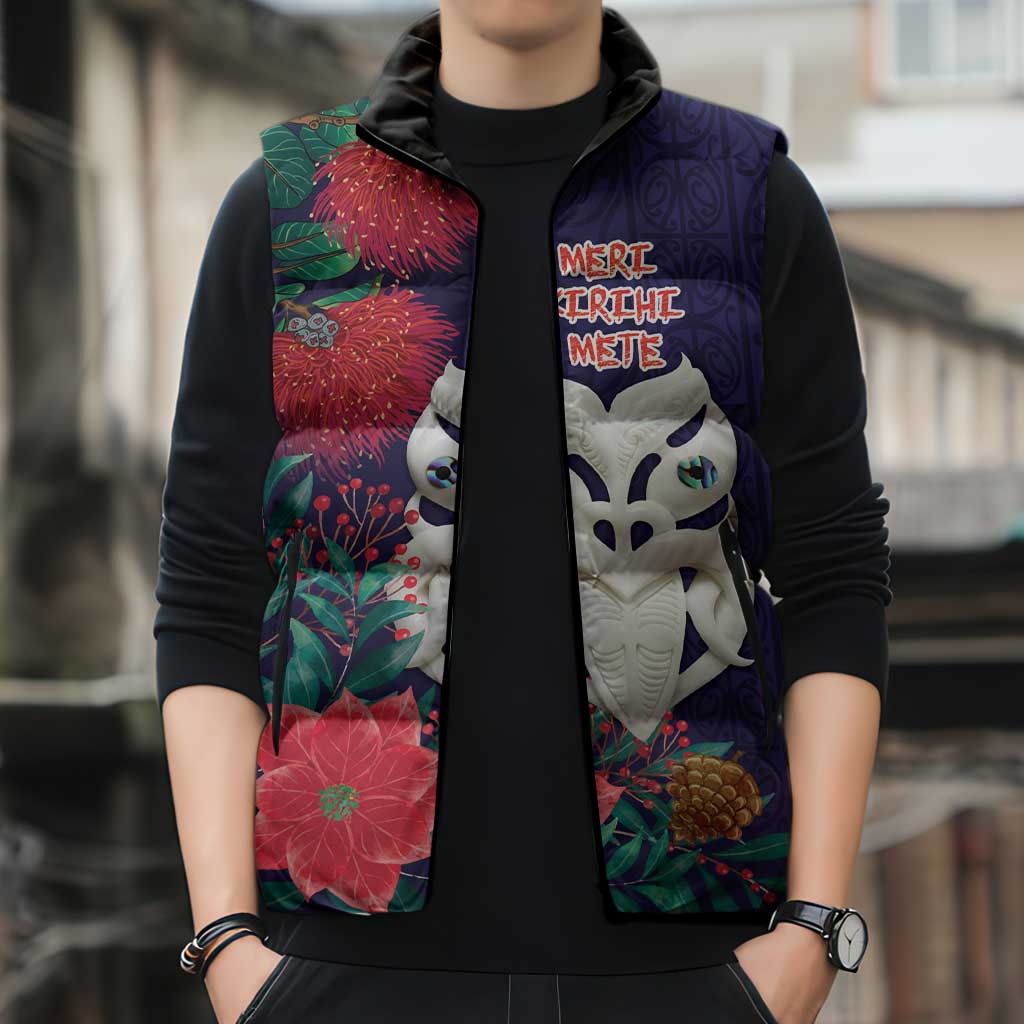 Maori Wheku Meri Kirihimete Personalised Sleeveless Puffer Jacket All Blue Indigenous Maori Motif - Aussie Hoodie