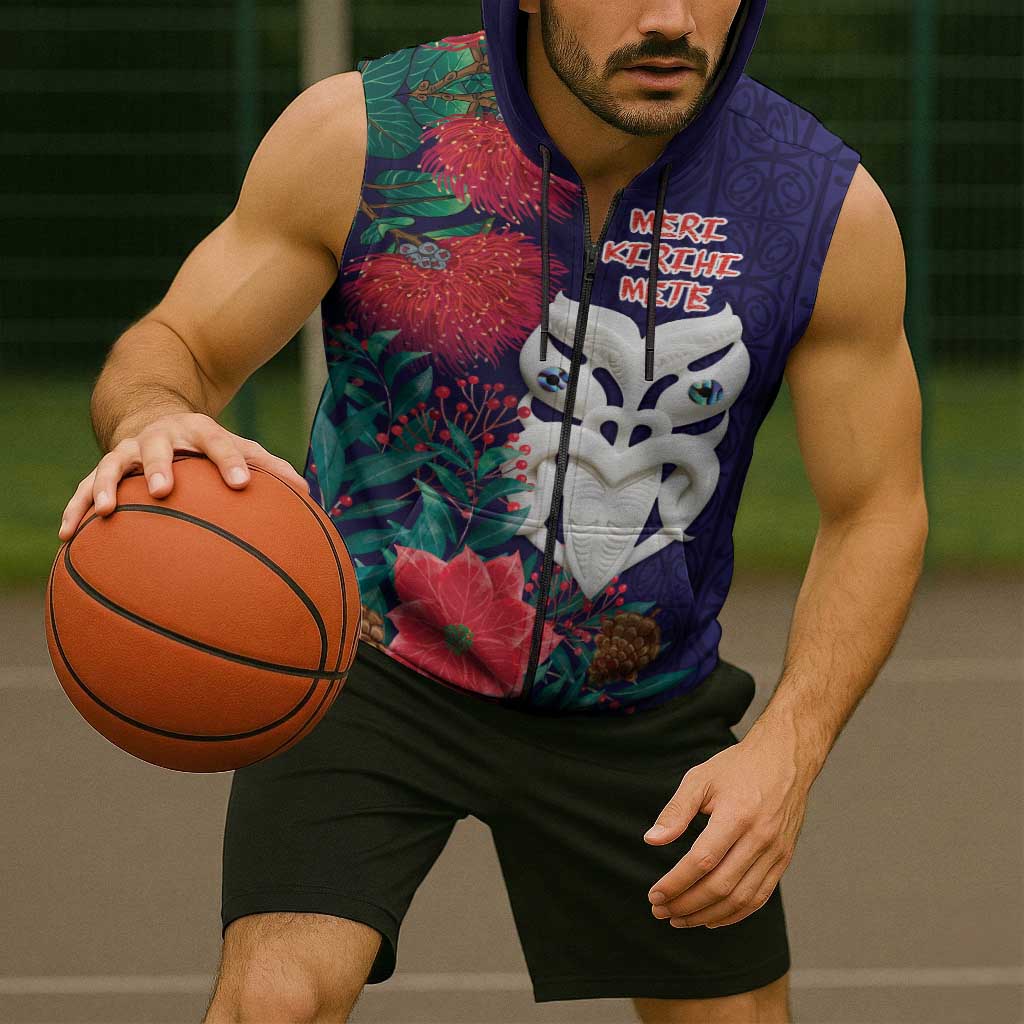 Maori Wheku Meri Kirihimete Personalised Sleeveless Zip Hoodie All Blue Indigenous Maori Motif LT9