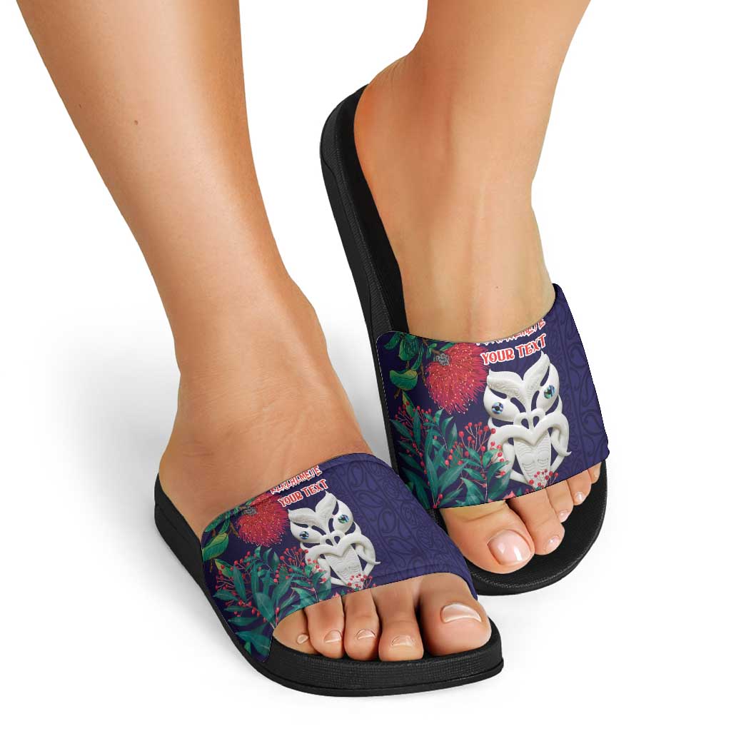 Maori Wheku Meri Kirihimete Personalised Slide Sandals All Blue Indigenous Maori Motif - Aussie Hoodie