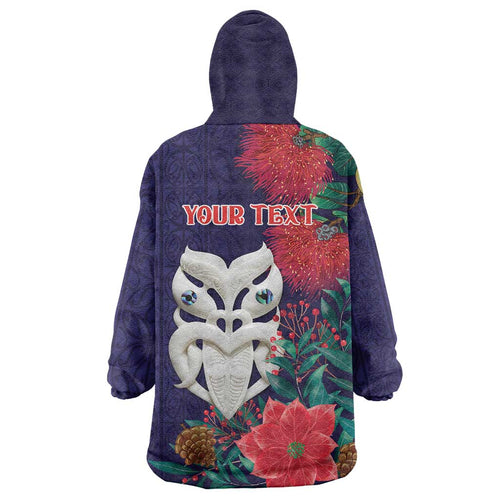 Maori Wheku Meri Kirihimete Personalised Wearable Blanket Hoodie All Blue Indigenous Maori Motif - Aussie Hoodie