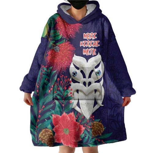 Maori Wheku Meri Kirihimete Personalised Wearable Blanket Hoodie All Blue Indigenous Maori Motif - Aussie Hoodie